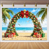 Lofaris Tropical Christmas Beach Backdrop with Decorated Arch and Palm Trees Vibrant Holiday Photo Background for Festive Party Decor