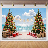 Lofaris Tropical Christmas Beach Backdrop with Decorated Trees and Gifts Sparkling Ocean Background for Holiday Party Photography