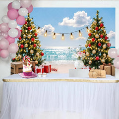 Lofaris Tropical Christmas Beach Backdrop with Decorated Trees and Gifts Sparkling Ocean Background for Holiday Party Photography