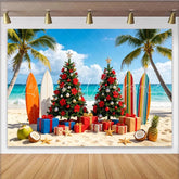 Lofaris Tropical Christmas Beach Backdrop with Decorated Trees and Surfboards Festive Holiday Scene Background for Winter Party Photoshoot