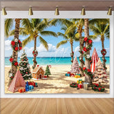 Lofaris Tropical Christmas Beach Backdrop with Palm Trees and Gifts Festive Holiday Background for Winter Vacation Party Decor