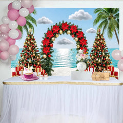 Lofaris Tropical Christmas Beach Backdrop with Palm Trees and Poinsettias Festive Holiday Background for Winter Vacation Party Decor
