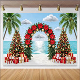 Lofaris Tropical Christmas Beach Backdrop with Palm Trees and Poinsettias Festive Holiday Background for Winter Vacation Party Decor