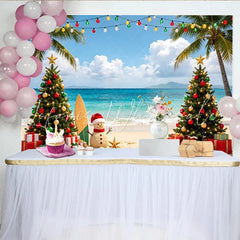 Lofaris Tropical Christmas Beach Backdrop with Palm Trees and Sand Snowman Vibrant Ocean Holiday Background for Festive Photoshoot
