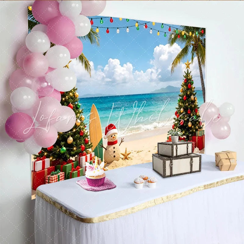 Lofaris Tropical Christmas Beach Backdrop with Palm Trees and Sand Snowman Vibrant Ocean Holiday Background for Festive Photoshoot