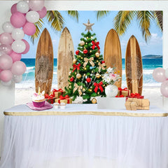 Lofaris Tropical Christmas Beach Backdrop with Palm Trees and Surfboards Festive Holiday Party Decor for Photoshoot