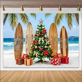 Lofaris Tropical Christmas Beach Backdrop with Palm Trees and Surfboards Festive Holiday Party Decor for Photoshoot