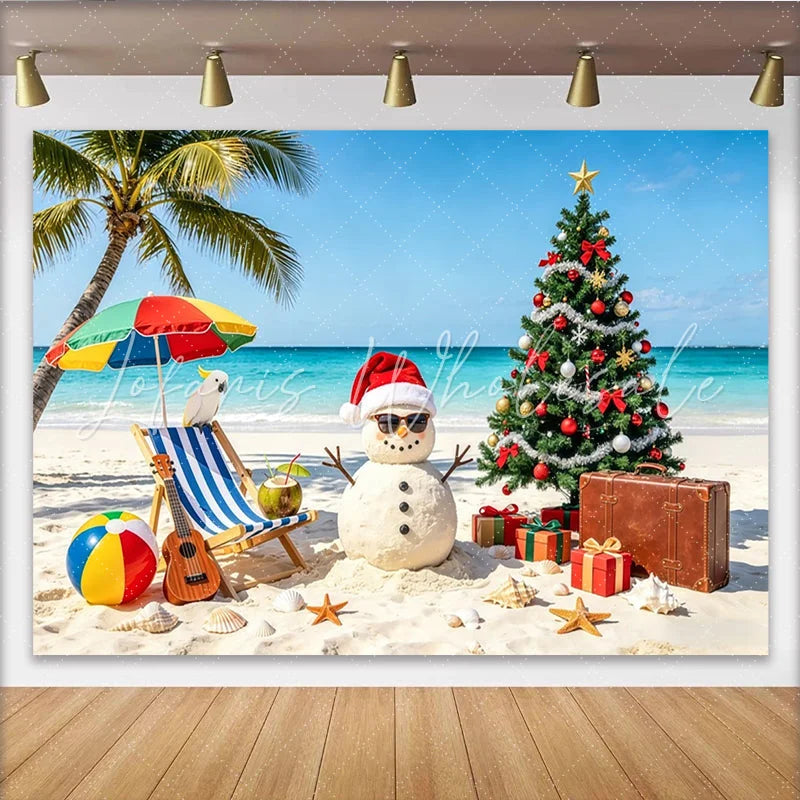 Lofaris Tropical Christmas Beach Backdrop with Sand Snowman and Palm Tree Festive Holiday Background for Summer Party Decor