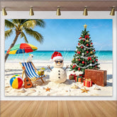 Lofaris Tropical Christmas Beach Backdrop with Sand Snowman and Palm Tree Festive Holiday Background for Summer Party Decor