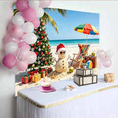 Lofaris Tropical Christmas Beach Backdrop with Sand Snowman and Palm Tree Holiday Photography Background for Festive Party Decor