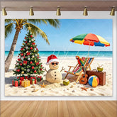 Lofaris Tropical Christmas Beach Backdrop with Sand Snowman and Palm Tree Holiday Photography Background for Festive Party Decor