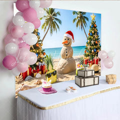 Lofaris Tropical Christmas Beach Backdrop with Sand Snowman and Palm Trees Festive Holiday Background for Summer Party Decor