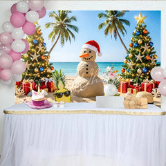 Lofaris Tropical Christmas Beach Backdrop with Sand Snowman and Palm Trees Festive Holiday Background for Summer Party Decor