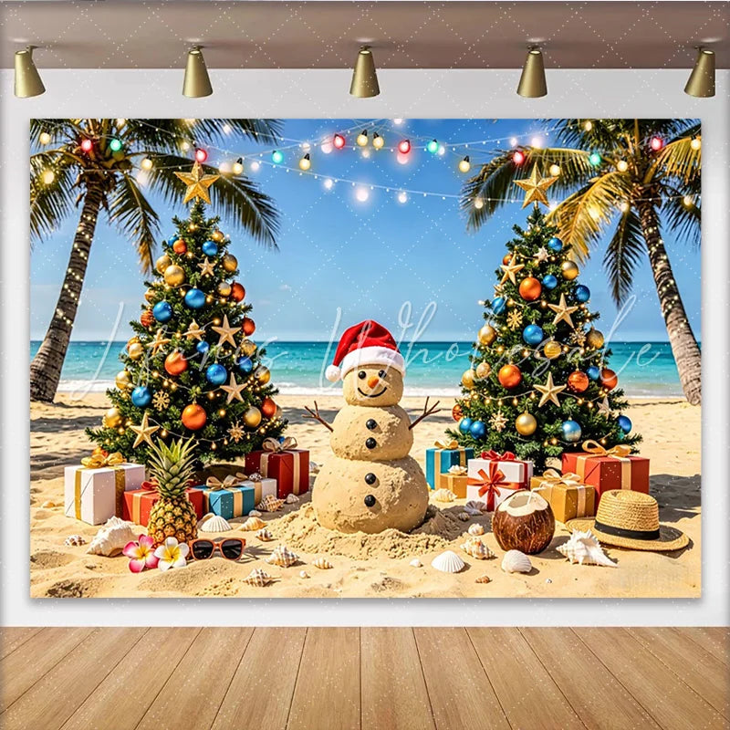 Lofaris Tropical Christmas Beach Backdrop with Sand Snowman and Palm Trees Festive Photo Background for Holiday Party Decoration