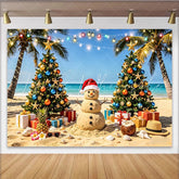 Lofaris Tropical Christmas Beach Backdrop with Sand Snowman and Palm Trees Festive Photo Background for Holiday Party Decoration