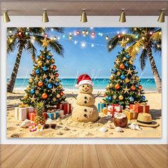 Lofaris Tropical Christmas Beach Backdrop with Sand Snowman and Palm Trees Festive Photo Background for Holiday Party Decoration