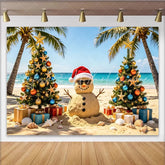 Lofaris Tropical Christmas Beach Backdrop with Sand Snowman Decorated Trees and Gifts Holiday Photo Background for Party Decor