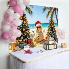 Lofaris Tropical Christmas Beach Backdrop with Sand Snowman Decorated Trees and Gifts Holiday Photo Background for Party Decor