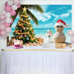 Lofaris Tropical Christmas Beach Backdrop with Sandman Palm Tree and Gifts Holiday Party Background for Festive Photoshoot