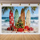 Lofaris Tropical Christmas Beach Backdrop with Surfboards and Presents Festive Holiday Background for Party Decor and Photoshoot