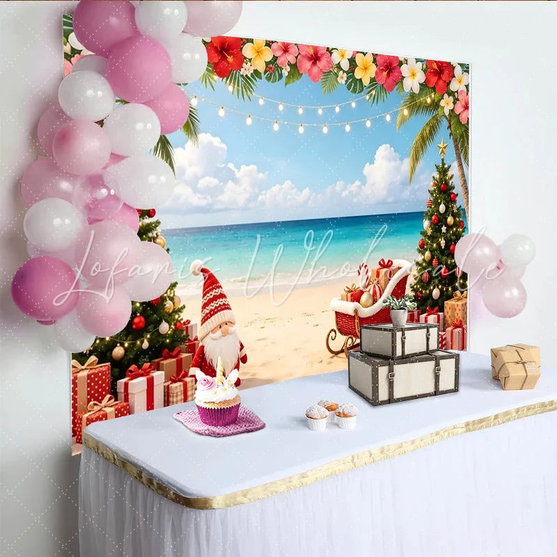 Lofaris Tropical Christmas Photography Backdrop with Beach and Palm Trees Vibrant Holiday Background for Festive Beach Party Decor