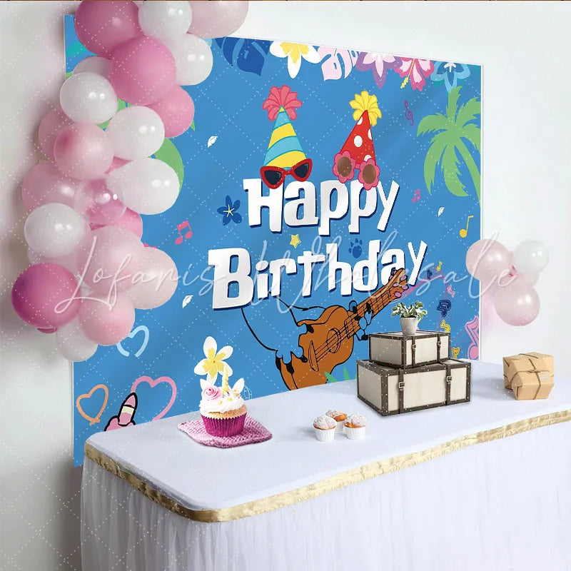 Lofaris Tropical Music Birthday Backdrop with Palm Trees and Party Hats Blue Hawaiian Theme Background for Celebration