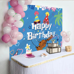 Lofaris Tropical Music Birthday Backdrop with Palm Trees and Party Hats Blue Hawaiian Theme Background for Celebration