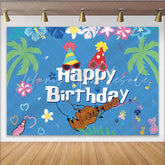 Lofaris Tropical Music Birthday Backdrop with Palm Trees and Party Hats Blue Hawaiian Theme Background for Celebration