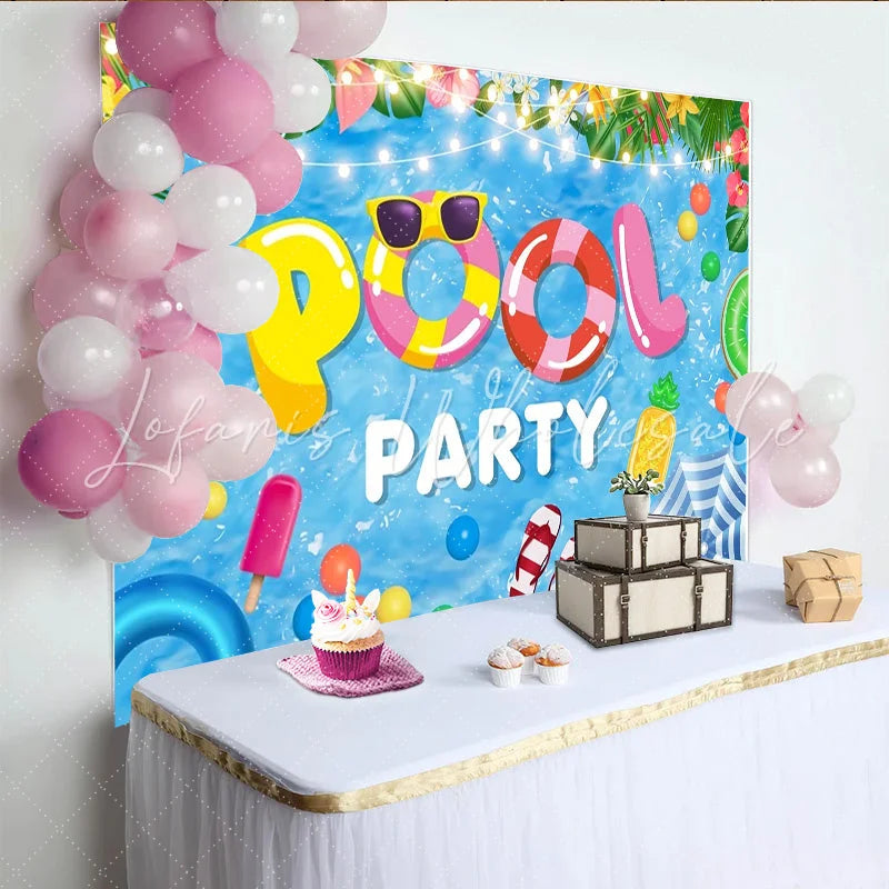 Lofaris Tropical Pool Party Backdrop with Summer Floats and String Lights Fun Photography Background for Kids and Adults