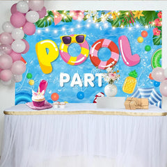 Lofaris Tropical Pool Party Backdrop with Summer Floats and String Lights Fun Photography Background for Kids and Adults