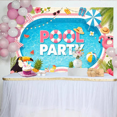 Lofaris Tropical Summer Pool Party Backdrop with Flamingo and Palm Leaves Vibrant Photo Background for Beach Themed Celebration