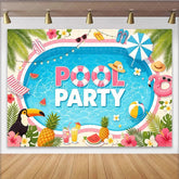 Lofaris Tropical Summer Pool Party Backdrop with Flamingo and Palm Leaves Vibrant Photo Background for Beach Themed Celebration