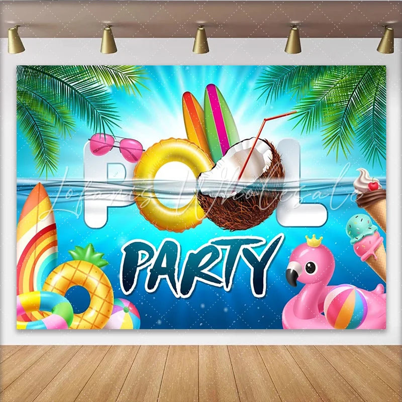 Lofaris Tropical Summer Pool Party Backdrop with Palm Leaves and Surfboards Vibrant Water Background for Photoshoot