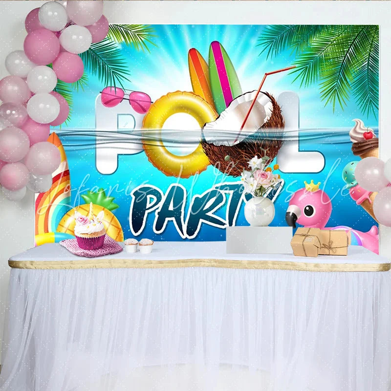 Lofaris Tropical Summer Pool Party Backdrop with Palm Leaves and Surfboards Vibrant Water Background for Photoshoot