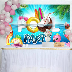 Lofaris Tropical Summer Pool Party Backdrop with Palm Leaves and Surfboards Vibrant Water Background for Photoshoot