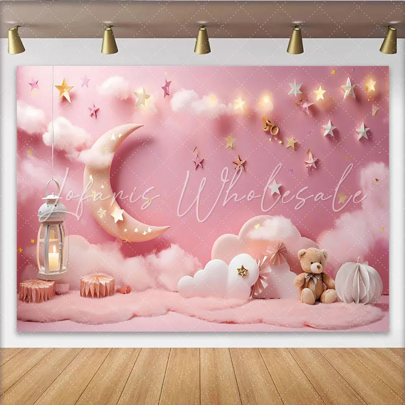 Lofaris Twinkle Twinkle Little Star Photography Backdrop Pink Moon and Teddy Bear Photo Background