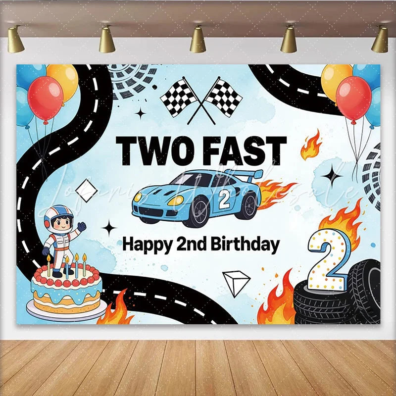 Lofaris’ Two Fast Racing Car 2nd Birthday Backdrop Blue Race Track Theme for Kids Boy Party Decoration and Photo Booth Props