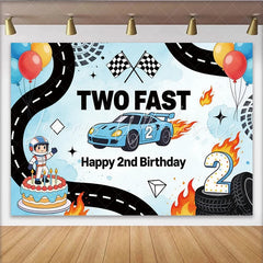 Lofaris’ Two Fast Racing Car 2nd Birthday Backdrop Blue Race Track Theme for Kids Boy Party Decoration and Photo Booth Props