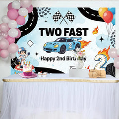 Lofaris’ Two Fast Racing Car 2nd Birthday Backdrop Blue Race Track Theme for Kids Boy Party Decoration and Photo Booth Props