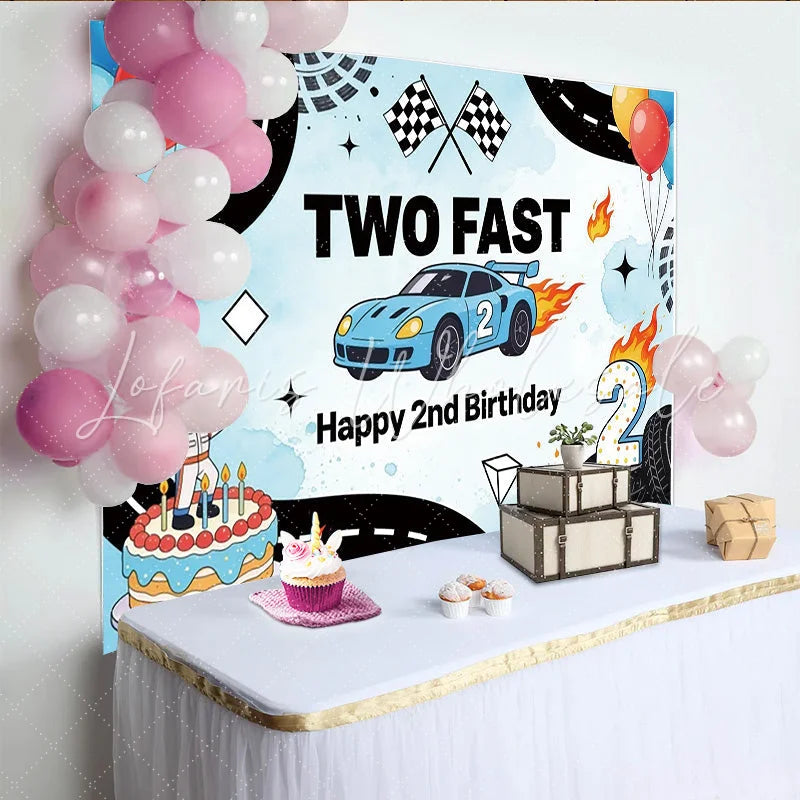 Lofaris’ Two Fast Racing Car 2nd Birthday Backdrop Blue Race Track Theme for Kids Boy Party Decoration and Photo Booth Props