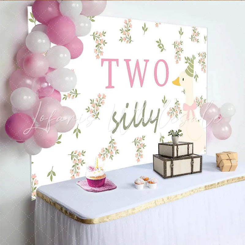 Lofaris Two Silly Goose 2nd Birthday Animal Backdrop with Pink Flowers Charming Party Decor Background for Baby Girl Photoshoot