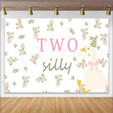 Lofaris Two Silly Goose 2nd Birthday Animal Backdrop with Pink Flowers Charming Party Decor Background for Baby Girl Photoshoot