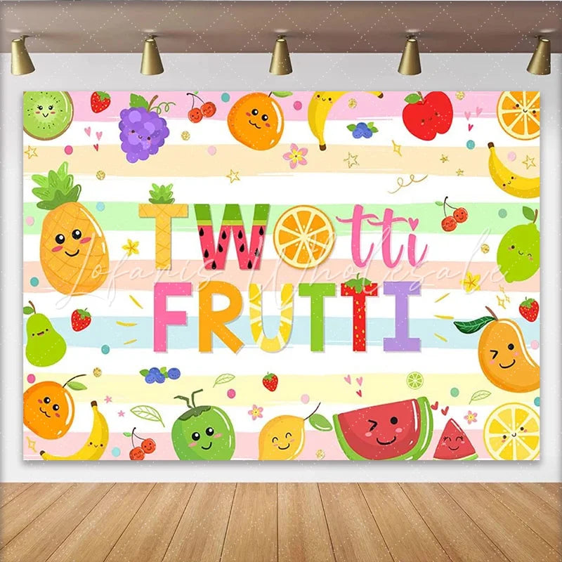 Lofaris Two-tti Frutti Birthday Backdrop with Cute Cartoon Fruits Pastel Striped Photo Background for Kids 2nd Birthday Party