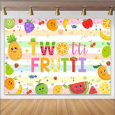 Lofaris Two-tti Frutti Birthday Backdrop with Cute Cartoon Fruits Pastel Striped Photo Background for Kids 2nd Birthday Party