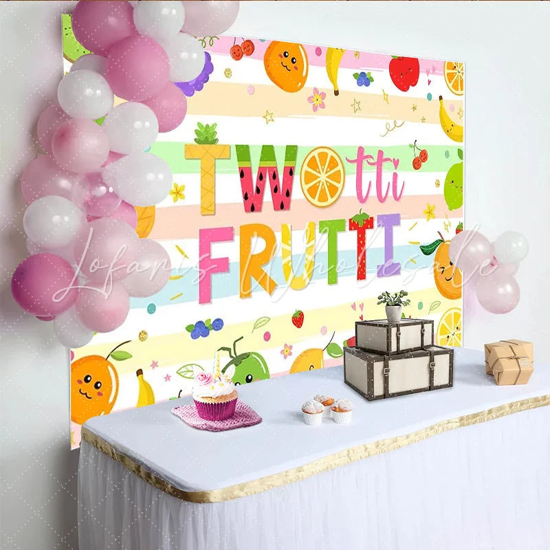 Lofaris Two-tti Frutti Birthday Backdrop with Cute Cartoon Fruits Pastel Striped Photo Background for Kids 2nd Birthday Party