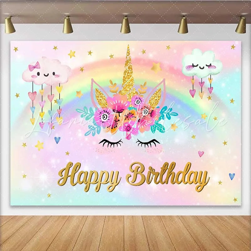 Lofaris Unicorn Face Floral Backdrop Raining Heart Clouds and Gold Horn Birthday Banner