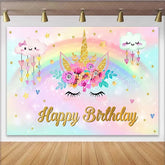 Lofaris Unicorn Face Floral Backdrop Raining Heart Clouds and Gold Horn Birthday Banner