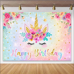 Lofaris Unicorn Happy Birthday Backdrop Pastel Rainbow Glitter Floral Gold Star Party Background for Girls