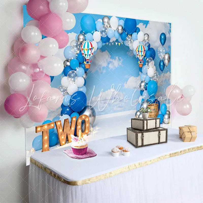 Lofaris Up Up and Away Birthday Cake Smash Backdrop Hot Air Balloon and Blue Sky Background for TWO Party