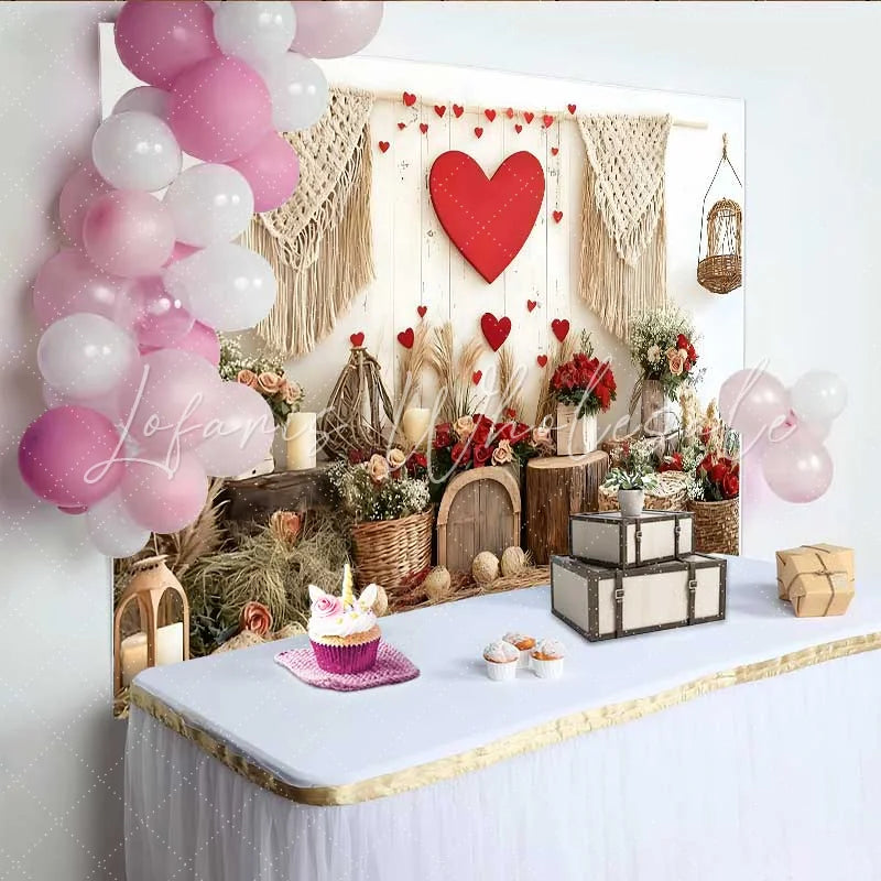 Lofaris Valentine’s Day Backdrop Boho Macrame Red Heart Rustic Wood Wall Decoration